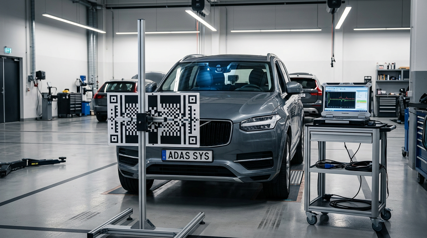 ADAS calibration target board set up in front of an SUV with diagnostic laptop