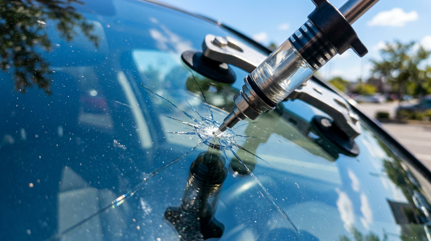 Close-up of a windshield chip being repaired with a resin injection tool