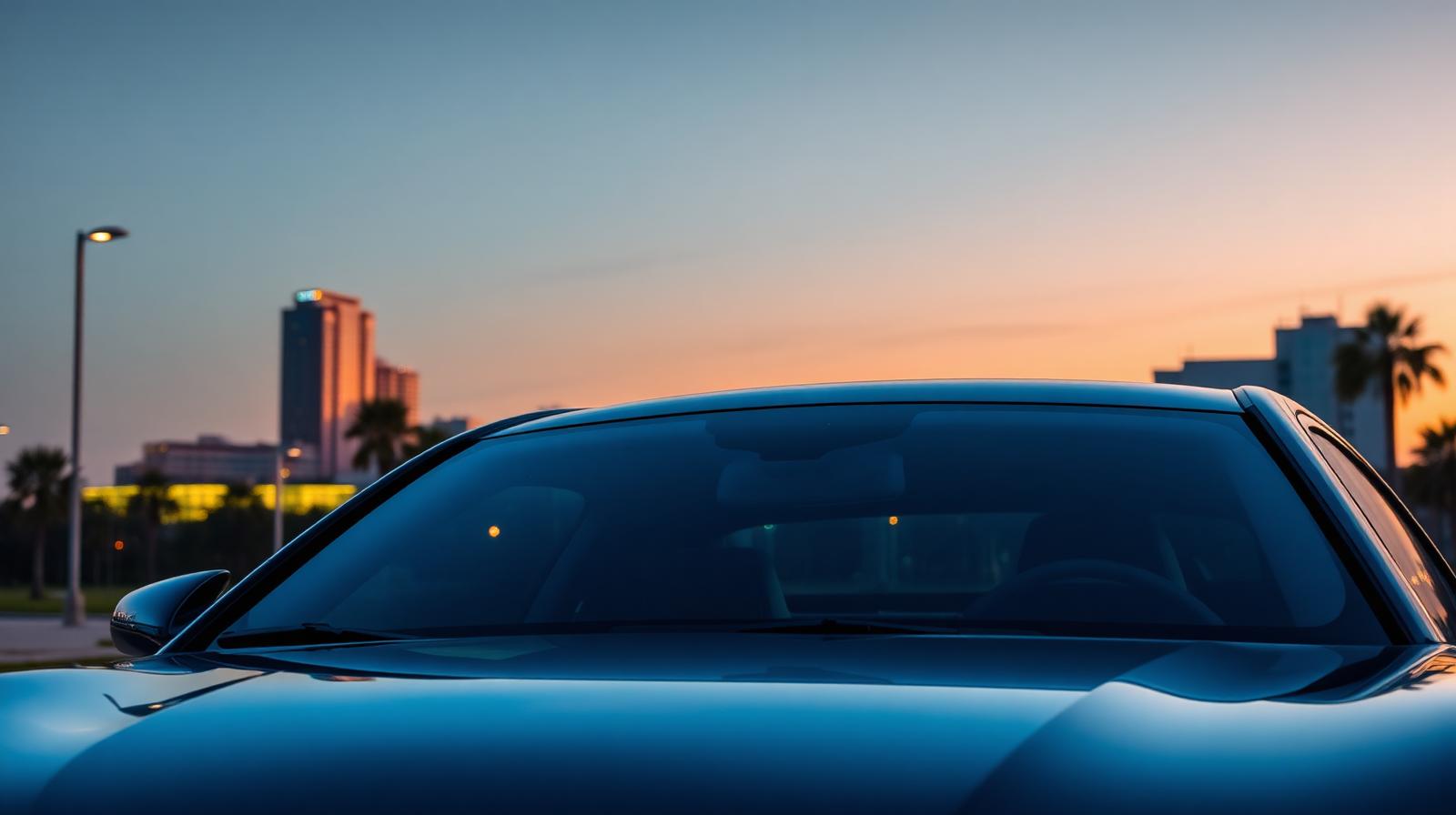 Orlando skyline at dusk reflected in a clean automotive windshield