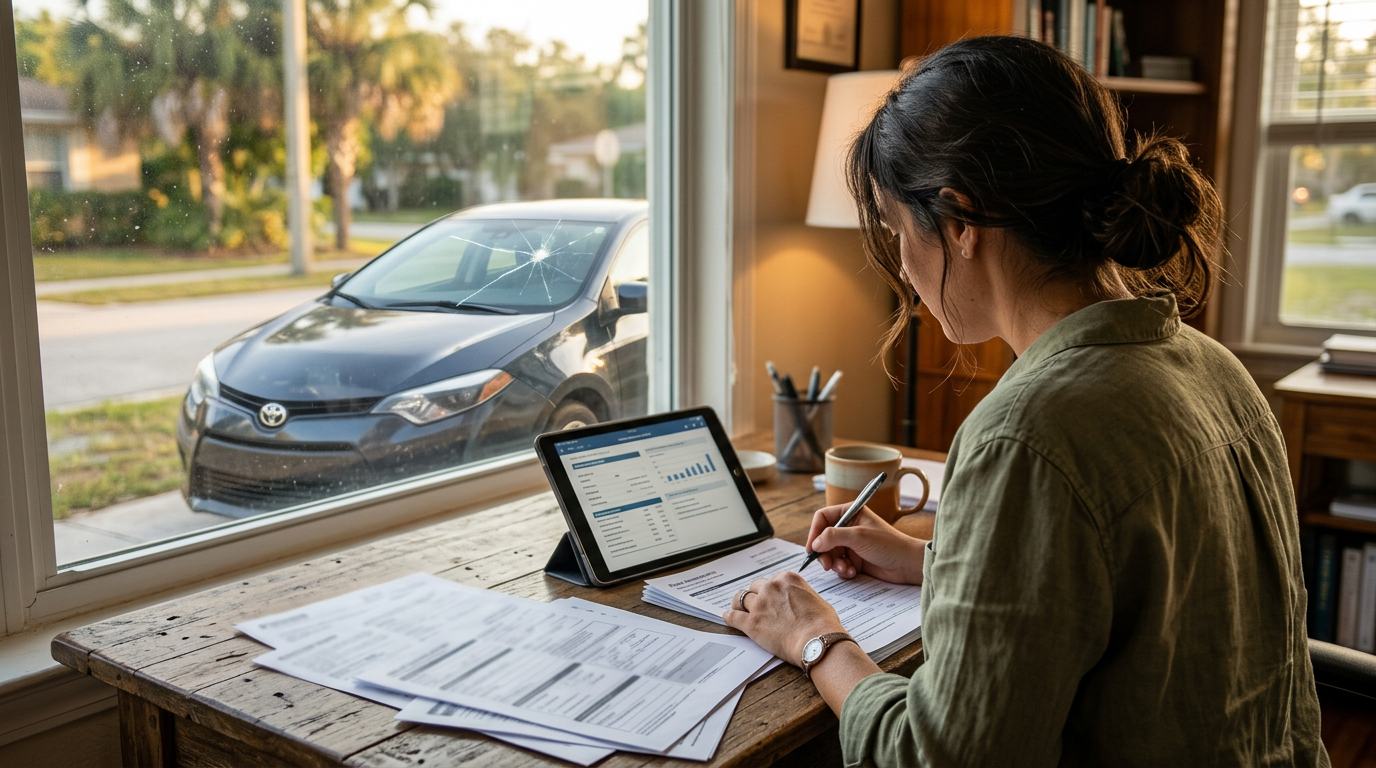 Customer reviewing auto insurance paperwork beside a car with a cracked windshield