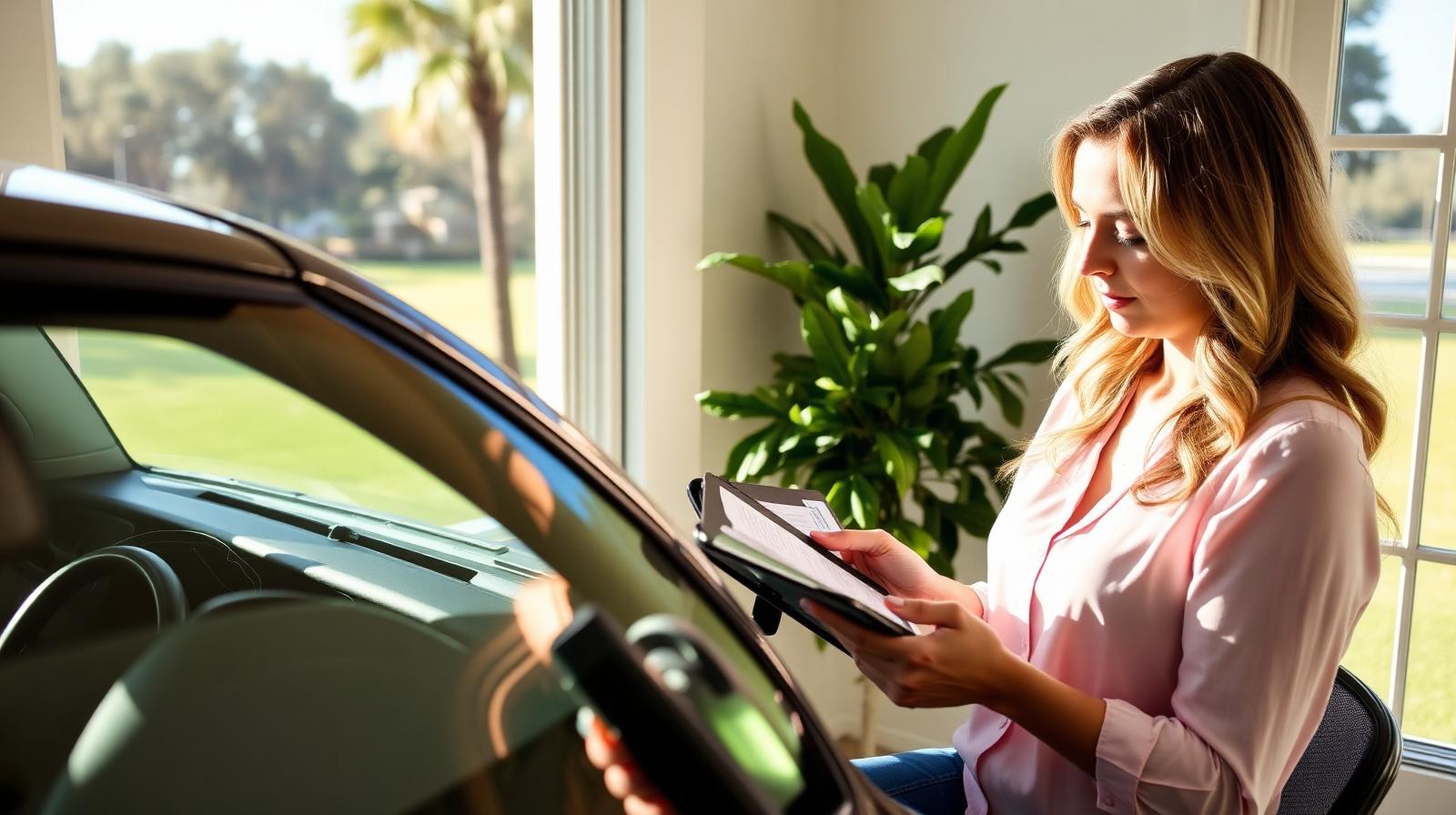 A woman in a sunny Florida home reviewing auto insurance paperwork on a tablet next to a car with a cracked windshield