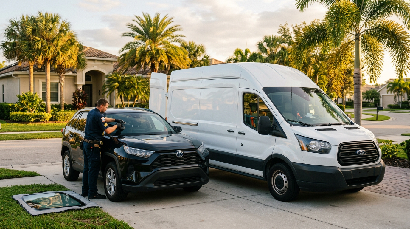 Mobile auto glass service van and technician working on a customer's car in a Florida driveway