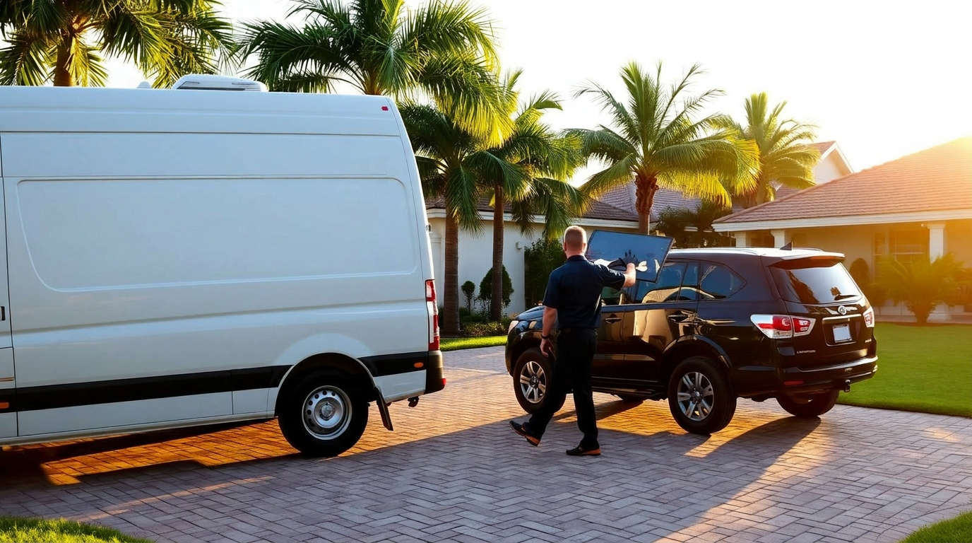 Mobile auto glass service van and technician working on a black SUV in a Florida driveway at sunset