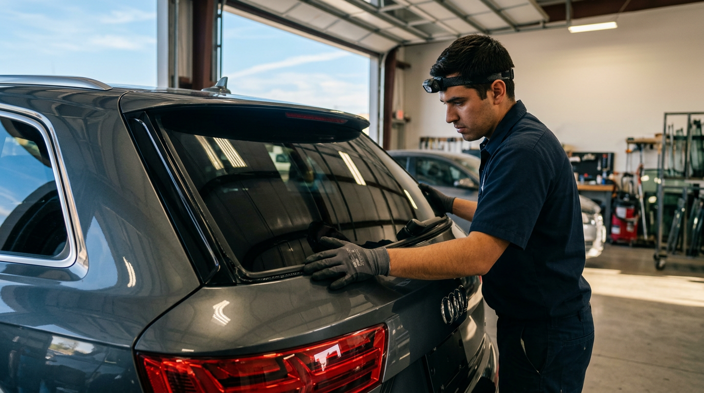 Technician installing a new rear window on an SUV in a clean auto glass shop