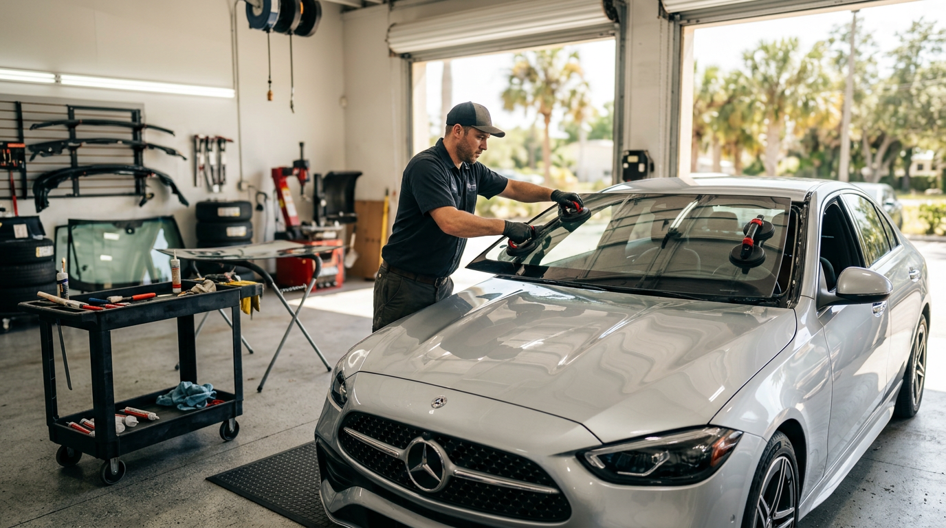 Auto glass technician installing a new windshield on a sedan in an Orlando service bay