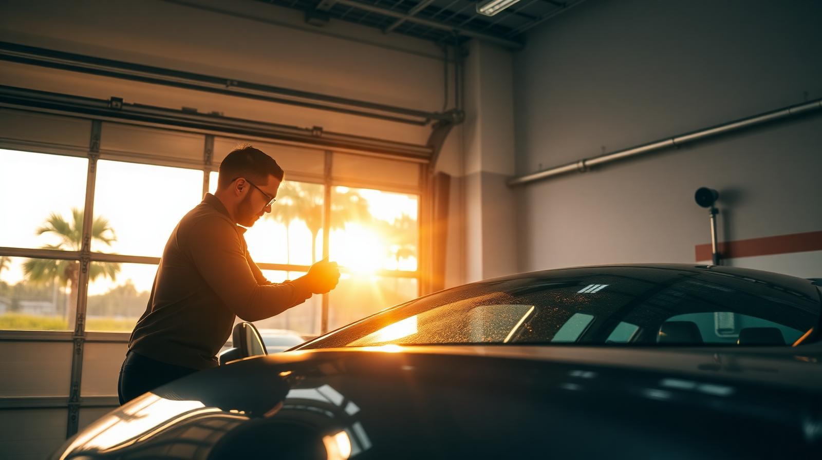 Auto glass technician installing a new windshield on a sedan in an Orlando service bay at golden hour